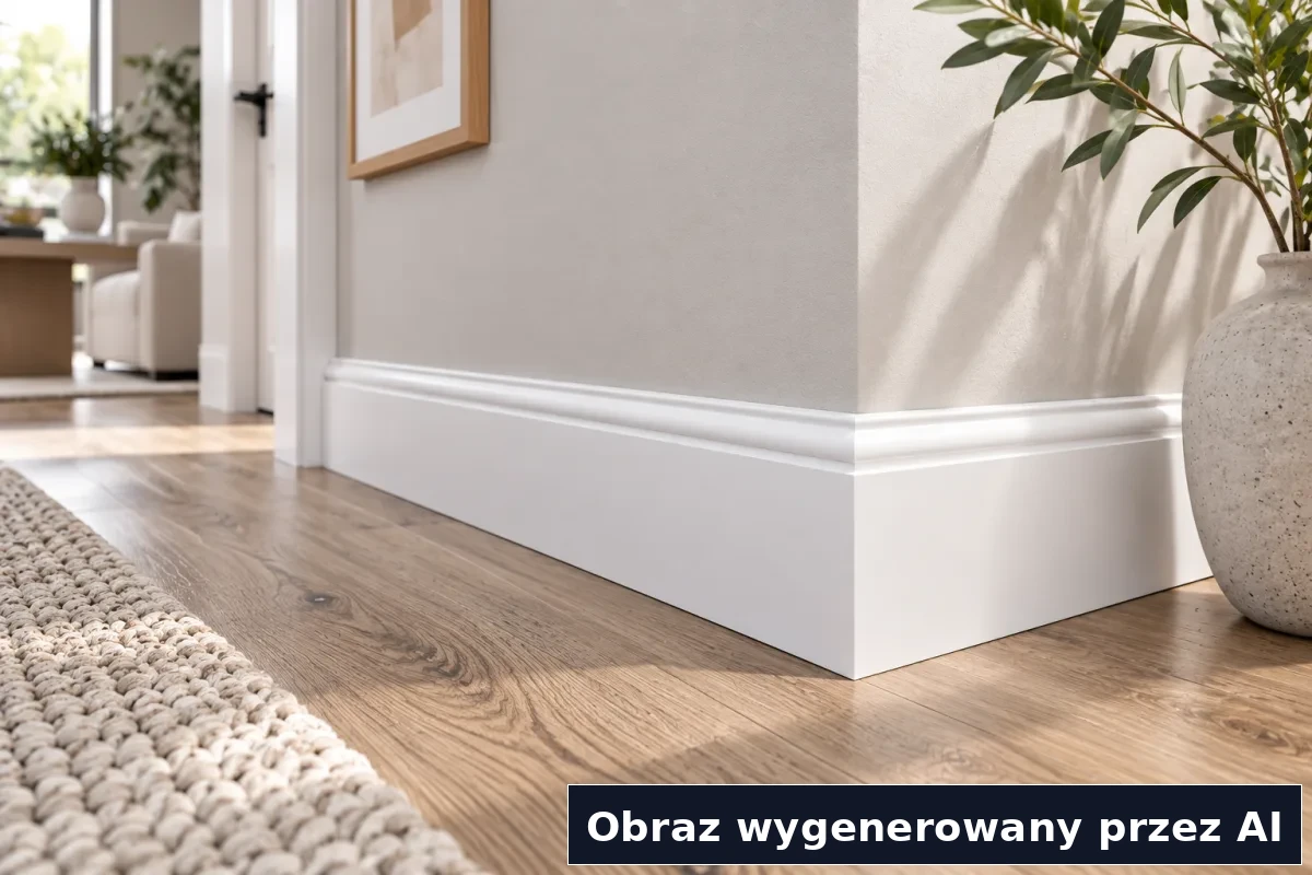 Białe listwy MDF na tle jasnego wnętrza z drewnianą podłogą